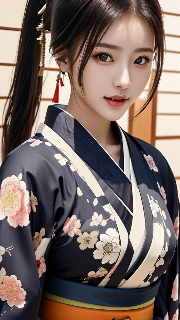 NSFW、最high quality、high quality、best image quality、8K、最High resolution、High resolution、最high quality、masterpiece、extreme close up portrait、RAW photo、realistic atmosphere、(detailed face)、(fine hands、thumb1reference4)、(beauty of japan )、very nice face、cute face、((beautiful japanese girl))、(japanese woman), ((22 year old beautiful girl))、(glossy black hair)、(straight long hair)、(ponytail)、whole body、medium body、(shiny skin)、(Fair skin, Glossy skin)、real human skin、realistic human body structure、perfect body, perfect face, perfect hands, perfect fingers, perfect lips, perfect eyes,perfect teeth、perfect background, perfect atmosphere, natural soft light、photon mapping、japanese samurai、japanese samurai、Japanese swordsman、((Japanese female samurai holding a Japanese sword))、(girl wearing japanese samurai costume)、warrior girl、Japanese sword、japanese traditional、((Japanese sword(gently curved long sword))、Inspired by Miyamoto Musashi、Inspired by Oda Nobunaga、Inspired by Sengoku warlords、((A girl holding a sharp Japanese sword))、((Transparent random color metallic with floral pattern(samurai kimono、Hakama with slit))、A dynamic stance that reflects the swordsmanship cultivated as a samurai.、stance of unsheathing、Attitude without presence