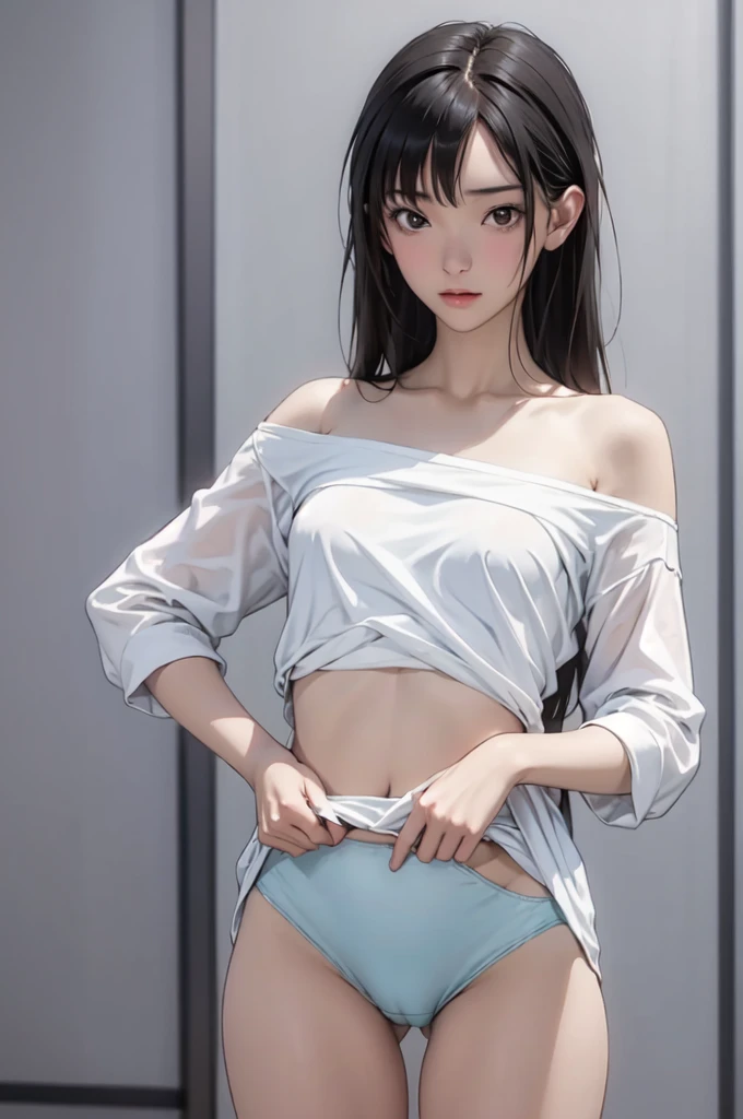 ((masterpiece, best quality)),((high resolution:1.3)), 1 Girl, solo, Cowboy Shot, Blurred Background, (((Small breasts))), Thighs, (underwear), ((lift Shirts:1.3)), Off shoulder