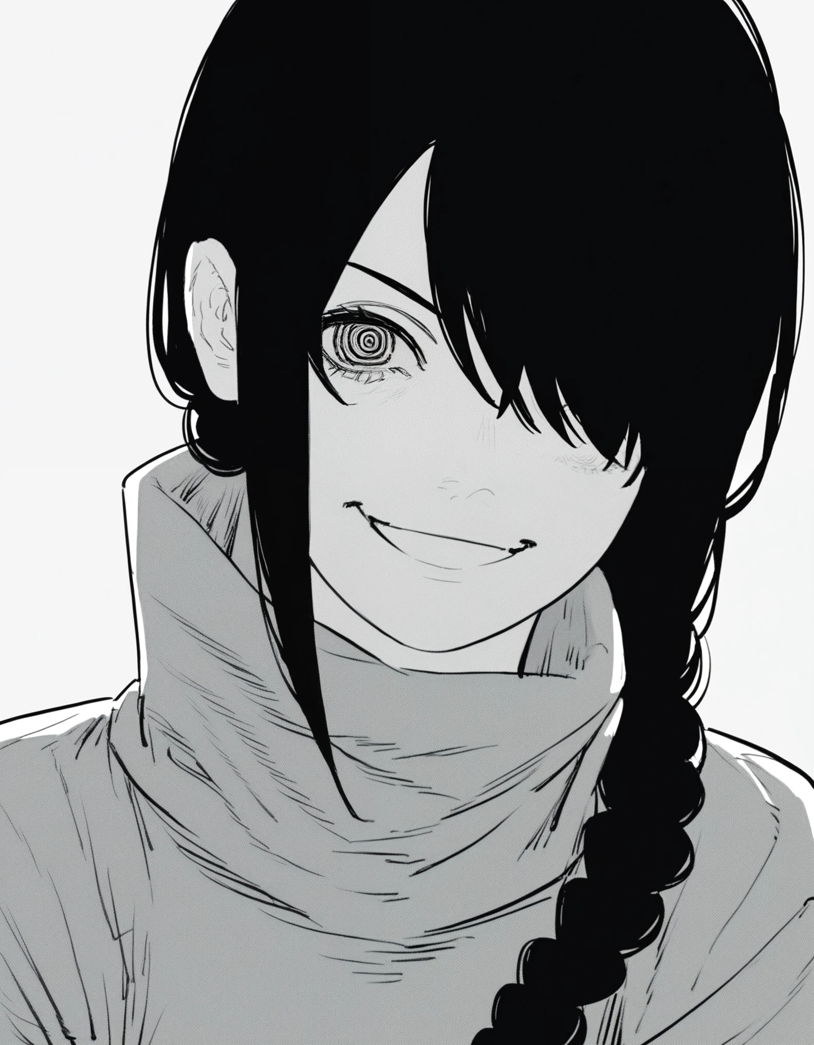 score_9, score_8_up, score_7_up, 
1girl, nayuta csm, black hair, single braid, ringed eyes, hair over one eye, monochrome,
turtleneck, looking at viewer, face, smile, 
