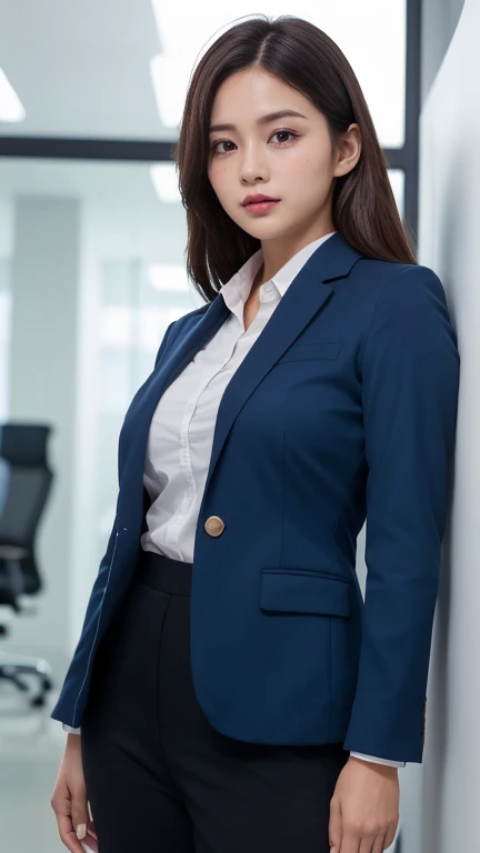 Highest quality,Very detailed,finely,High resolution,8k wallpaper,Perfect dynamic composition,office lady,Navy Blue Blazer,whole body,Are standing,Look forward,I'm looking forward to,knit,Beautiful clavicle,Hair removal,Amazingly beautiful eyes,Natural Lip,(Large Breasts:1.3,suit,smile,In front of a white wall,Medium Hair,thin,Light clothing,Sleeveless,shirt,semi-long,Long Hair,short hair,Long legs,Black Hair