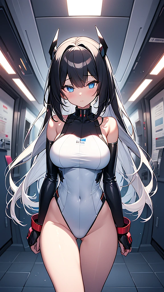 (Highly detailed CG Unity 32k wallpaper,masterpiece, Biological, whole body),(Best lighting, Best Shadow, Very delicate and beautiful),(One girl),blue eyes, Big Breasts, Black Hair,ボブカット,Red and black and White off-the-shoulder revealing high-cut SF bodysuit,One-piece swimsuit-style clothing,Neck Seal,High-tech sci-fi corridor, Dynamic pose, Detailed Machinery, Sleek design.,My crotch is wet, {{An extraterrestrial lifeform preys on girls and takes their place、Her breasts are bigger than a real girl's、Suitable for the mother}}, Unknown sensation, Feels good, Vigorous movement, more, instinct, Female fall, Bouncing chest, loose, loose, Next to a real girl skeleton, NSFW
