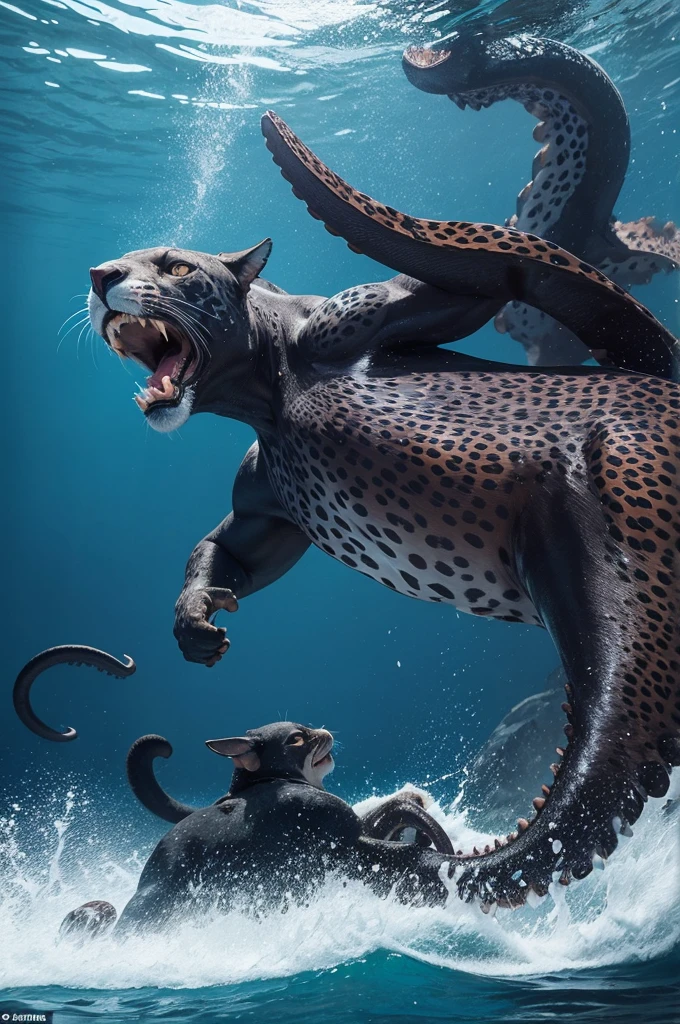 Create a realistic ultimate image of an adult jaguar fighting with a giant pacific octopus in blue color.