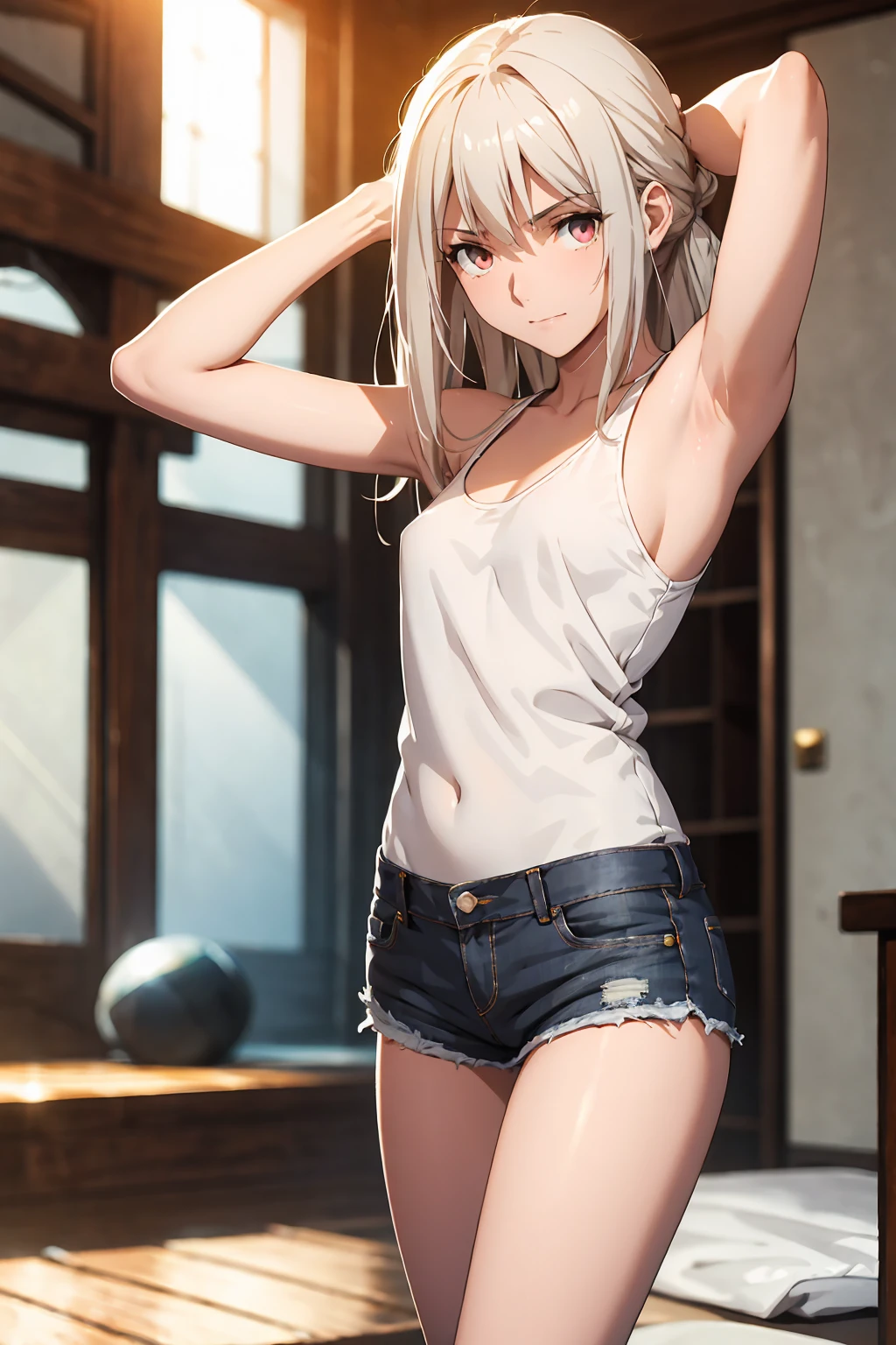 Browsing Caution　(Highest quality:1.5, High resolution, 超High resolution, 4K, Detailed lighting, Shaders)(masterpiece:1.2), Very detailed, destiny/Background of the stay, indoor, Illyasviel von Einzbern　alone, Cowboy Shot,Long Hair, Gray Hair, Red eyes, White tank top　Denim shorts　M-shaped foot　sneer　Beautiful beach　Realistic sun rays　Beautiful Armpits　Sweat