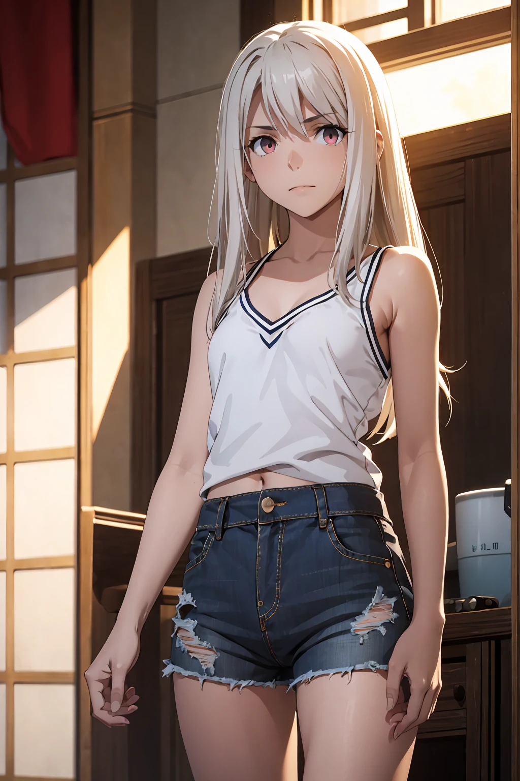 Browsing Caution (Highest quality:1.5, High resolution, 超High resolution, 4K, Detailed lighting, Shaders)(masterpiece:1.2), Very detailed, destiny/Background of the stay, indoor, Illyasviel von Einzbern alone, Cowboy Shot,Long Hair, Gray Hair, Red eyes, White tank top Denim shorts M-shaped foot sneer Beautiful beach Realistic sun rays Beautiful Armpits Sweat