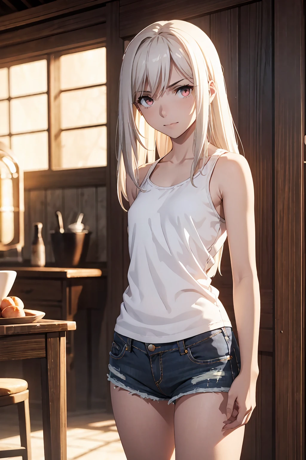 Browsing Caution (Highest quality:1.5, High resolution, 超High resolution, 4K, Detailed lighting, Shaders)(masterpiece:1.2), Very detailed, destiny/Background of the stay, indoor, Illyasviel von Einzbern alone, Cowboy Shot,Long Hair, Gray Hair, Red eyes, White tank top Denim shorts M-shaped foot sneer Beautiful beach Realistic sun rays Beautiful Armpits Sweat