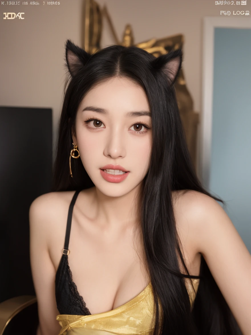 wear black sweater, spread leg, (smile to viewer), (looking at viewer), diamond face shape, (((Masterpiece))), floor carpet, (((Best Quality: 1.4))), ((Super Detail: 1.4)), gorgeous exotic features, amber neon eyes:1.5, long black hair, hyper detailed face features, expressivo face, detailed textures, blue skintone, natural skin shader, volumetrics, warm undertones under her skin, ultra High resolution, pair skin, korean, black hair, cute face, (full show perfect body), huge rounded breasts, 8k, anatomically correct, (dynamic lighting), wolf ears, fake animal ears, fake wolf tail, swinging tail