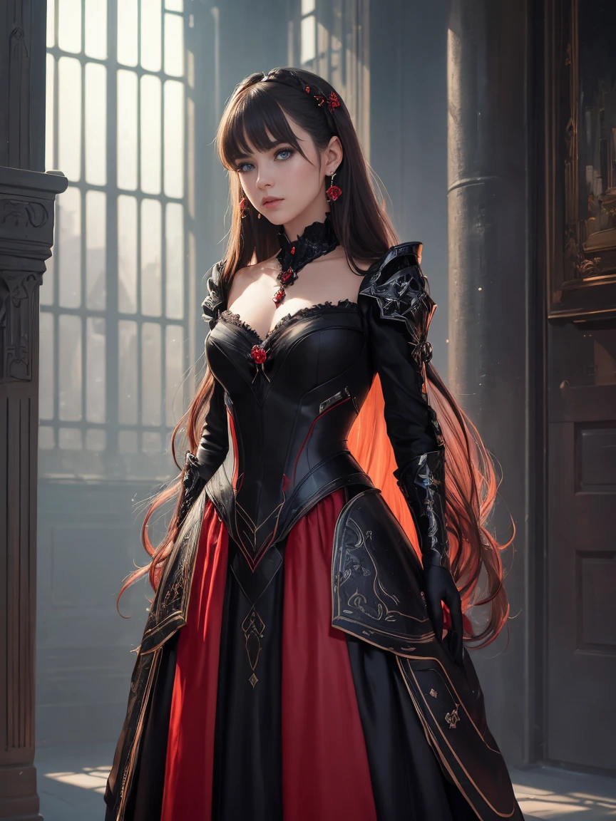 sci-fi poster, full body shot, A dark horizon with a single bright, bold light breaking through the darkness. , best quality, illustration,(beautiful detailed girl), (((masterpiece))), best quality, illustration,(beautiful detailed girl), beautiful detailed radiance, (beautiful detailed eyes), expressive, (16-year-old girl:1,4), disheveled hair, long bangs, ,(black and red dress), black ribbon, empty look, flower, working in a greenhouse, (spaceship 1.6), sexy Gothic lolita, Mona Genshin Impact, high detail, 1girl, small, , long hair, bright blue eyes, perfect appearance, perfect eyes realistic, flawless hair, bangs, makeup, earrings, necklace, decorations, (magic eyes), sparkling eyes, cold expression, aloof, Detailed face, High detail masterwork by Pascal Blanche Rutkowski, Repin Art station, Hyperrealistic painting, Concept ART of detailed character design, Matte painting, 4K resolution, Mysterious half-open chestr, Glamour, Medium make-up