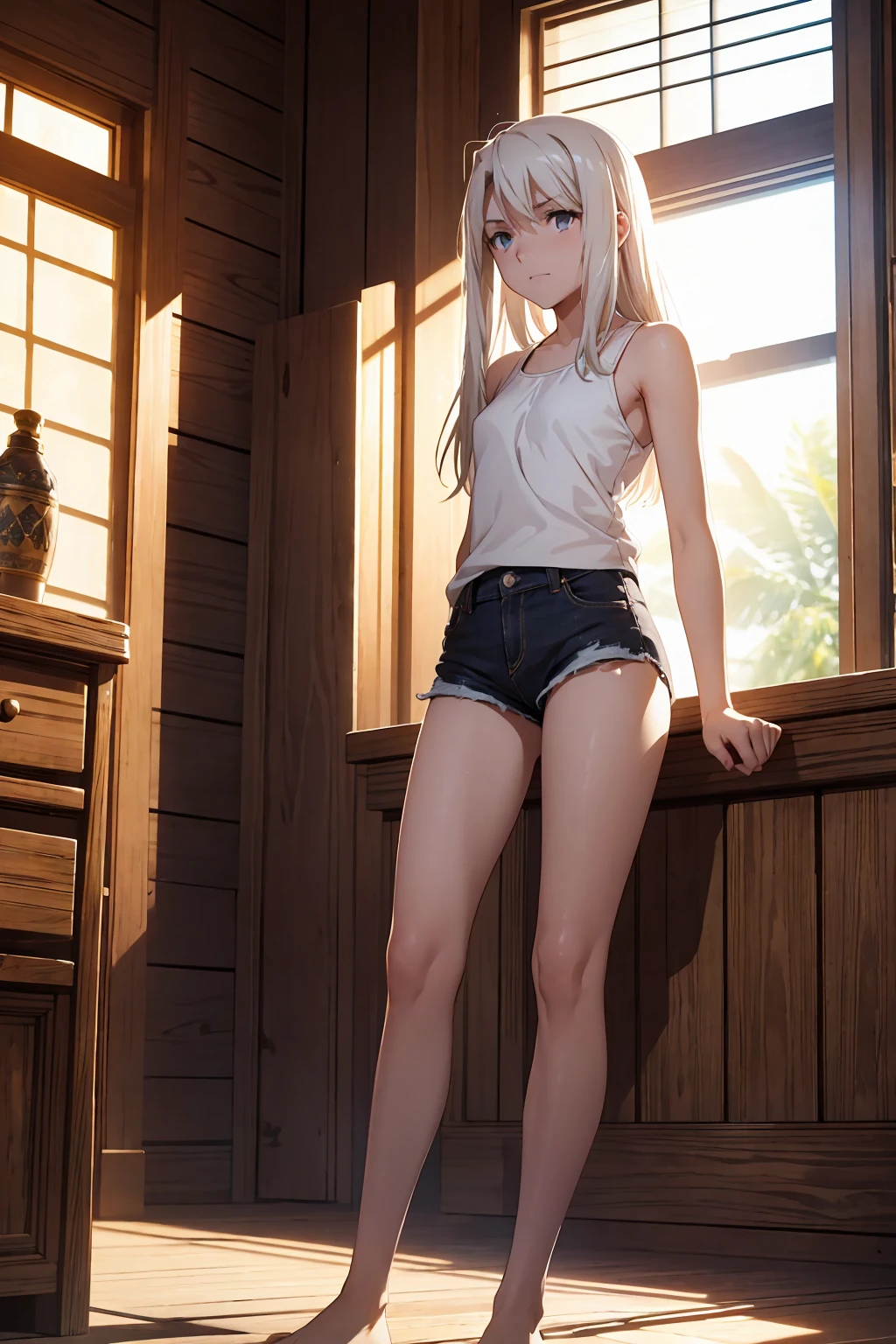 Browsing Caution　(Highest quality:1.5, High resolution, 超High resolution, 4K, Detailed lighting, Shaders)(masterpiece:1.2), Very detailed, destiny/Background of the stay, indoor, Illyasviel von Einzbern　alone, Cowboy Shot,Long Hair, Gray Hair, Red eyes, White tank top　Denim shorts　M-shaped foot　sneer　Beautiful beach　Realistic sun rays　Beautiful Armpits　Sweat