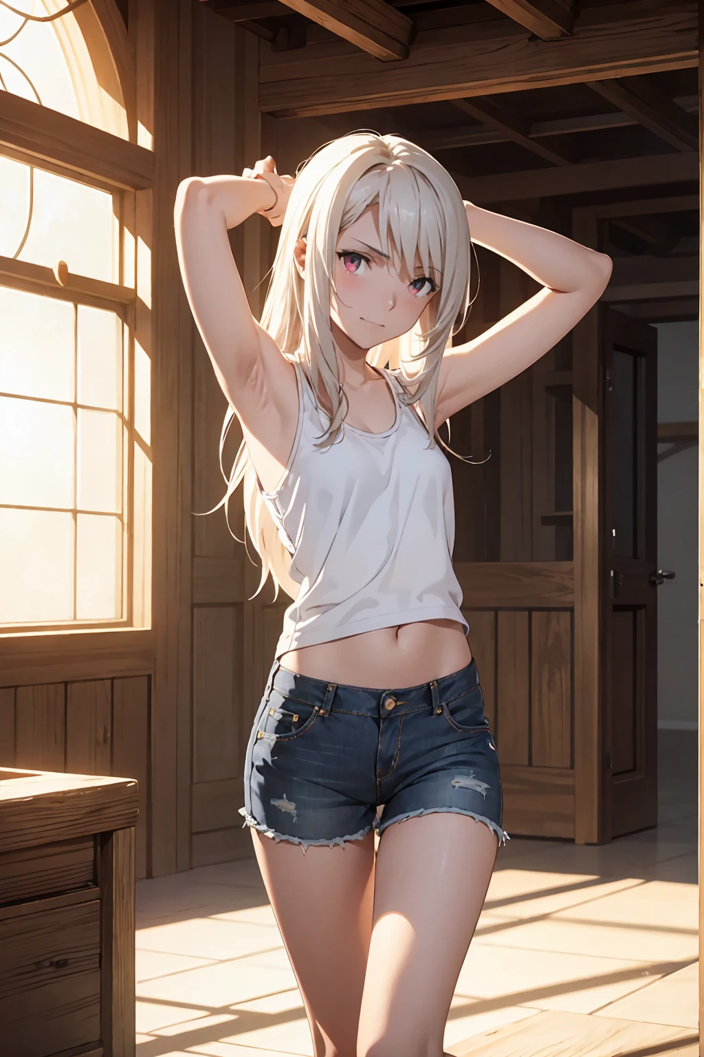 Browsing Caution　(Highest quality:1.5, High resolution, 超High resolution, 4K, Detailed lighting, Shaders)(masterpiece:1.2), Very detailed, destiny/Background of the stay, indoor, Illyasviel von Einzbern　alone, Cowboy Shot,Long Hair, Gray Hair, Red eyes, White tank top　Denim shorts　M-shaped foot　sneer　Beautiful beach　Realistic sun rays　Beautiful Armpits　Sweat