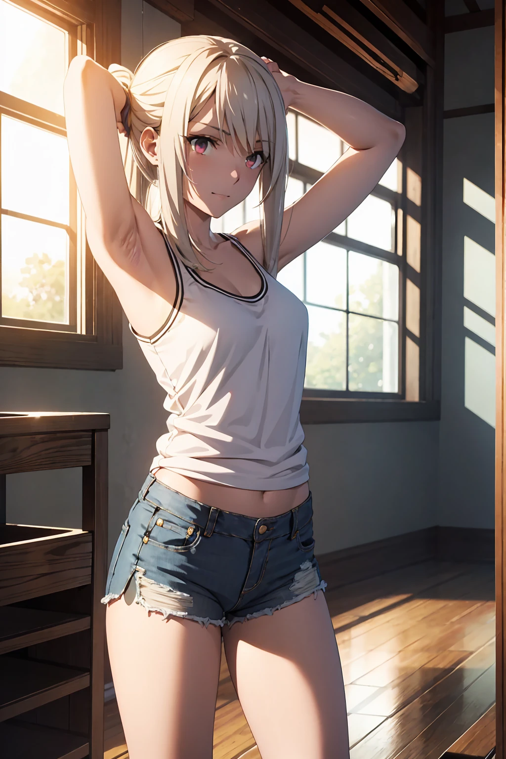 Browsing Caution (Highest quality:1.5, High resolution, 超High resolution, 4K, Detailed lighting, Shaders)(masterpiece:1.2), Very detailed, destiny/Background of the stay, indoor, Illyasviel von Einzbern alone, Cowboy Shot,Long Hair, Gray Hair, Red eyes, White tank top Denim shorts M-shaped foot sneer Beautiful beach Realistic sun rays Beautiful Armpits Sweat