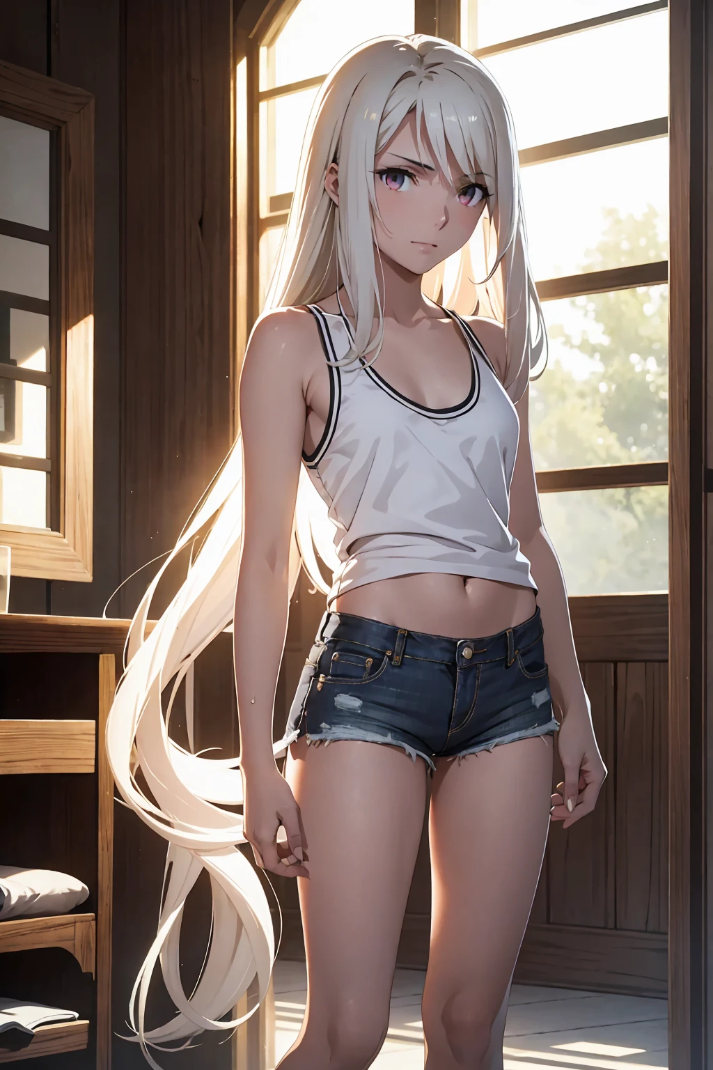 Browsing Caution　(Highest quality:1.5, High resolution, 超High resolution, 4K, Detailed lighting, Shaders)(masterpiece:1.2), Very detailed, destiny/Background of the stay, indoor, Illyasviel von Einzbern　alone, Cowboy Shot,Long Hair, Gray Hair, Red eyes, White tank top　Denim shorts　M-shaped foot　sneer　Beautiful beach　Realistic sun rays　Beautiful Armpits　Sweat