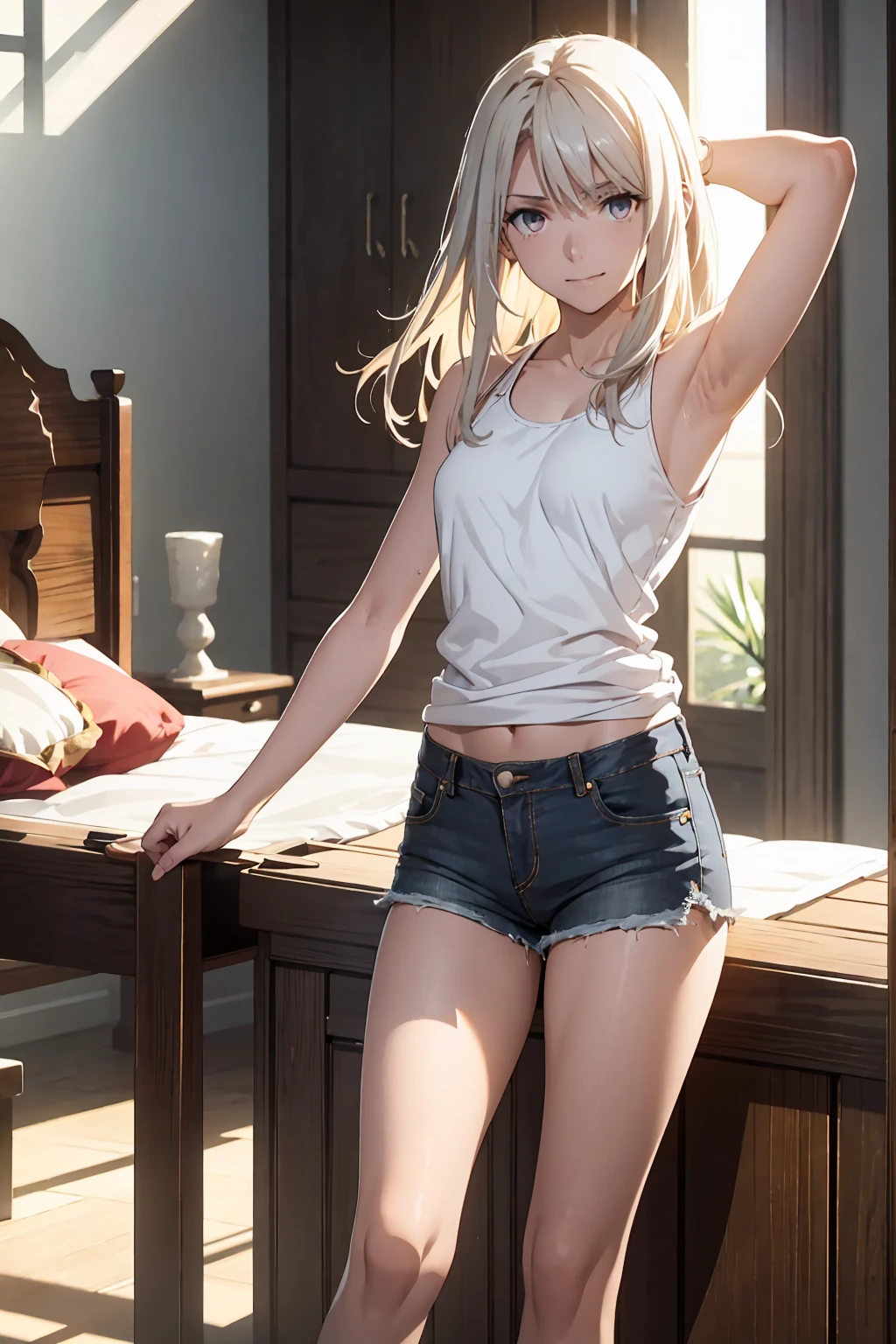 Browsing Caution　(Highest quality:1.5, High resolution, 超High resolution, 4K, Detailed lighting, Shaders)(masterpiece:1.2), Very detailed, destiny/Background of the stay, indoor, Illyasviel von Einzbern　alone, Cowboy Shot,Long Hair, Gray Hair, Red eyes, White tank top　Denim shorts　M-shaped foot　sneer　Beautiful beach　Realistic sun rays　Beautiful Armpits　Sweat