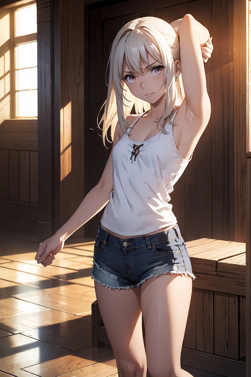 Browsing Caution (Highest quality:1.5, High resolution, 超High resolution, 4K, Detailed lighting, Shaders)(masterpiece:1.2), Very detailed, destiny/Background of the stay, indoor, Illyasviel von Einzbern alone, Cowboy Shot,Long Hair, Gray Hair, Red eyes, White tank top Denim shorts M-shaped foot sneer Beautiful beach Realistic sun rays Beautiful Armpits Sweat
