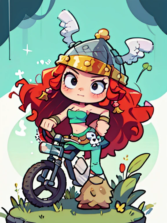 1girl, Barbara, long hair, red hair, helmet, skirt, tube top, curly hair, skull, black eyes, 