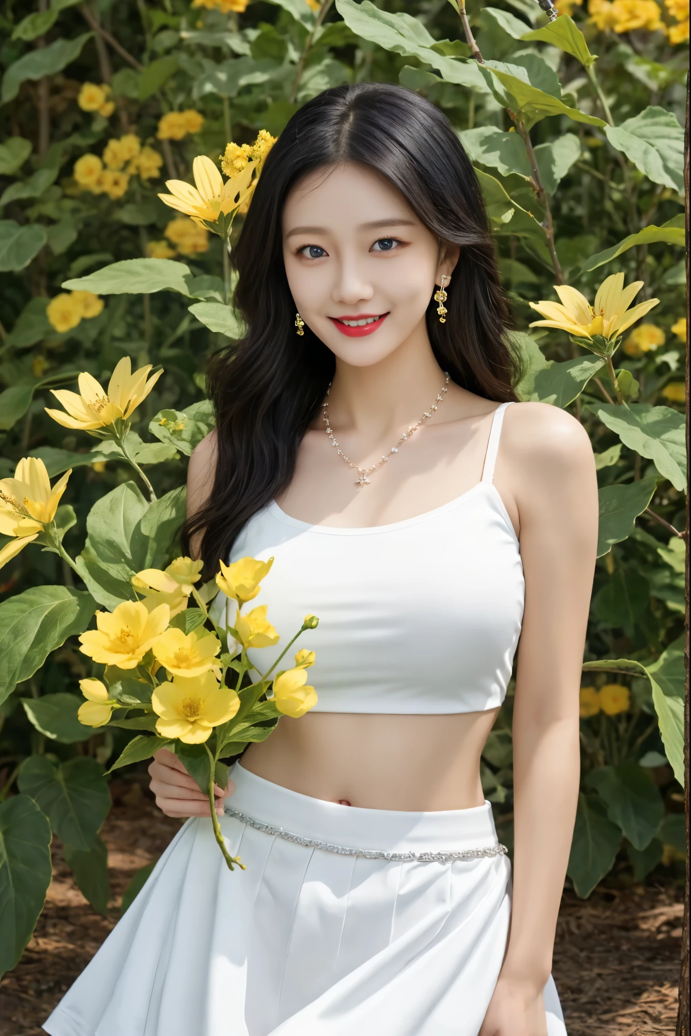 1girl, jewelry, breasts, solo, flower, earrings, holding flower, long hair, black hair, navel, holding, looking at viewer, necklace, skirt, outdoors, smile, realistic, blue eyes, circlet, cowboy shot, yellow flower, white skirt, day, closed mouth, branch