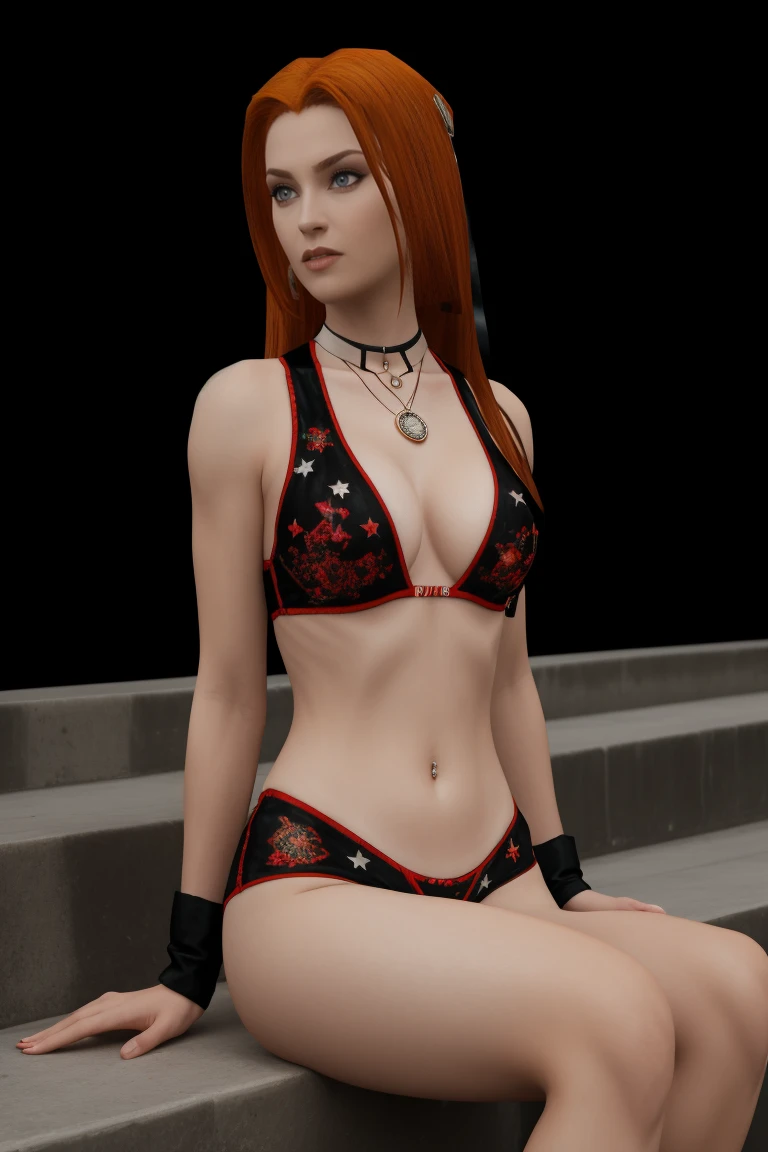 Supermodel's alluring gaze shines bright under the soft glow of moonlight and the direction of a camera's spotlight, as she lays effortlessly on the steps leading down to the ocean's edge. The darkness is illuminated by the subtle beam, accentuating her fiery locks and Louis Vuitton-covered form. The stars twinkle above, mirroring the diamonds on her necklace. A stunning night shoot captures this ravishing redhead in all her glory. (night time background:1.3), rayneclassic