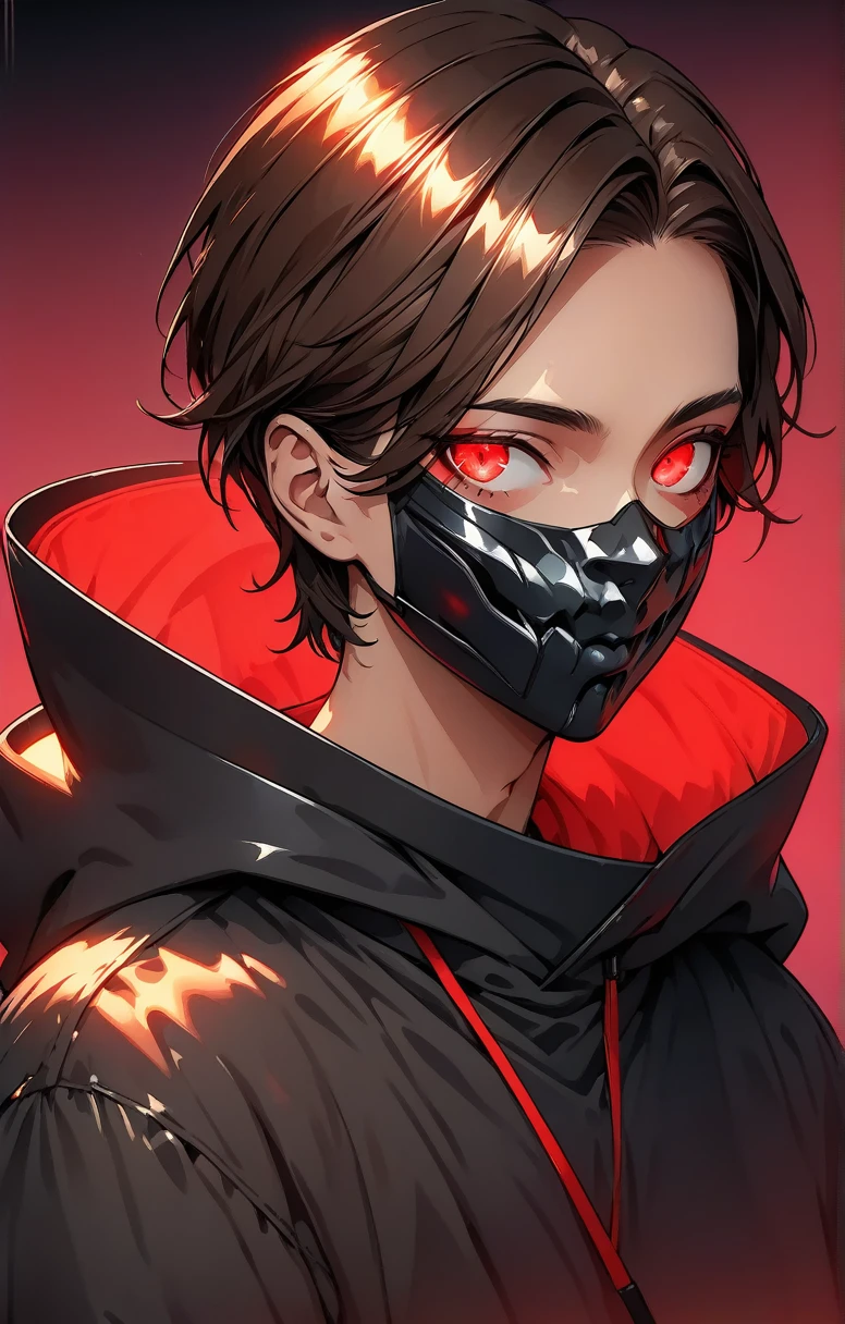 beautiful young anime man short brown hair, black mouth masked, black urban clothes, digital art portrait, with glowing skin, vibrant flat colors, and a gradient red background (best quality,4k,8k,highres,masterpiece:1.2) ultra-detailed,beautiful detailed red eyes,dramatic lighting,digital painting,concept art,character design