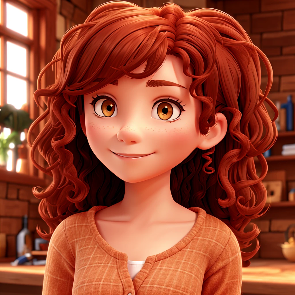 Mulher jovem de cabelos vermelhos, olhos verdes, Medium-length hair that is curly and has a lot of volume, Dressed in white lab coats in a chemical lab around has benches with test tubes and laboratory glassware
