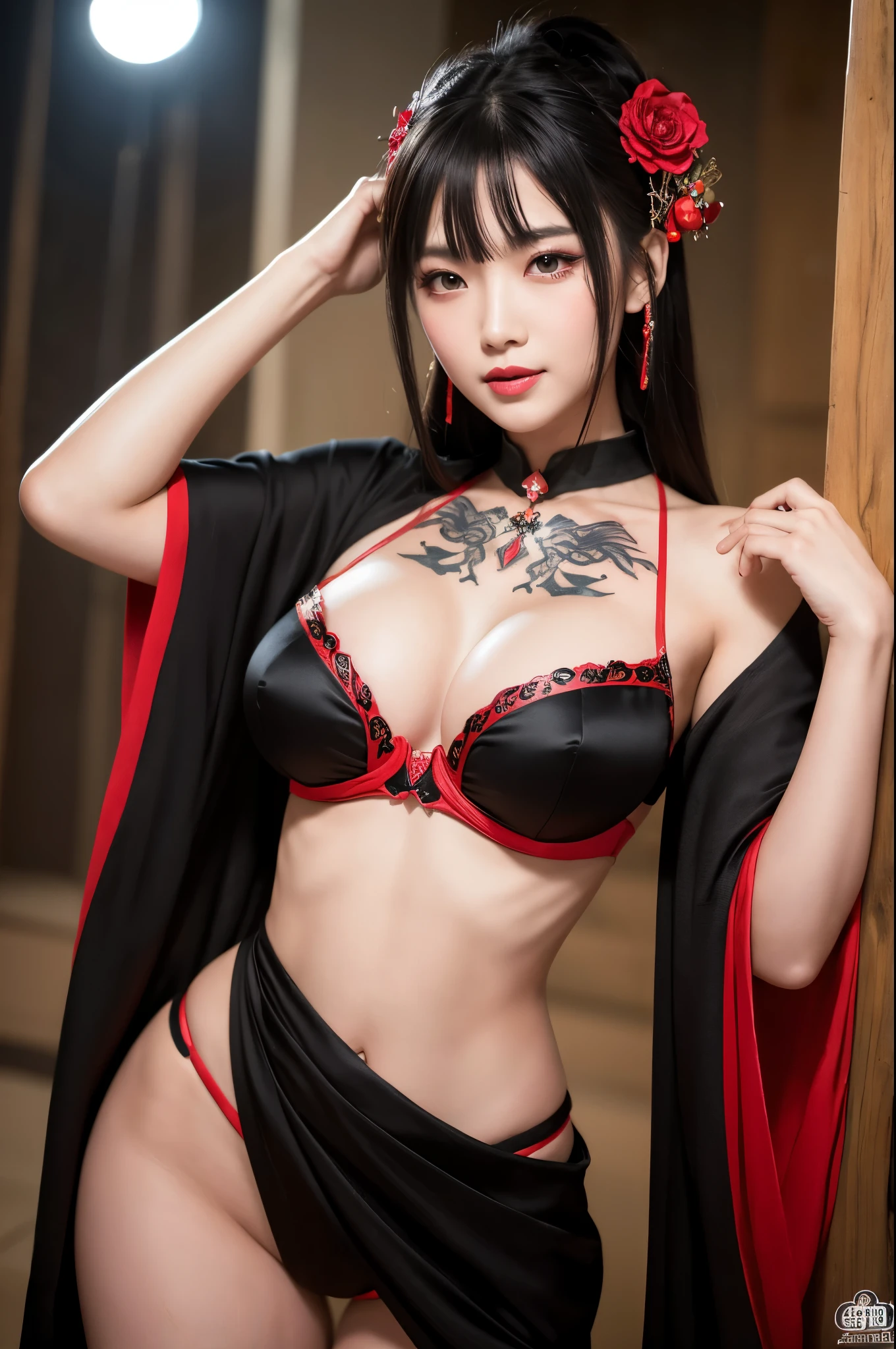 8K,Himiko,Black-haired Asian empress poses for photos in sexy red and black courtesan outfit, Japanese God, Beautiful fantasy empress, so beautiful(A vivid face),Red lipstick,Gorgeous courtesan costume,Flashy makeup,Long black hair,Red eyes,Accurate details of the five fingers,Tattoo on left chest,hair ornaments,laughing out loud,Surreal,Realistic looking skin,Bold personality,Very large breasts,Red tattoo on left cheek,kimono,kimono,Luan Jia and Artgerm, Highly detailed artwork, 8K high quality detailed art,Inside the Labyrinth Dungeon,Beautiful expression Ultra-high resolution, Trending on cgstation, Wallop and Artgerm,Muscular and slim body,Big muscular chest,Muscular and slender lower body,charm,Battle Scenes,Combat pose,Action Scenes,Action pose,Fantasy art,Character Art,Fighting with fans,Rich colors, Backlight, Cinema Lighting, Film Grain, to be born, 50mm lens, Nikon D850,Ultra-high resolution,Surreal,Compensate,Photorealistic RAW photos of the highest quality。Bright colors,Image of a perfect woman,Sexy Courtesan Costume,Numerous tattoos all over the body(most),