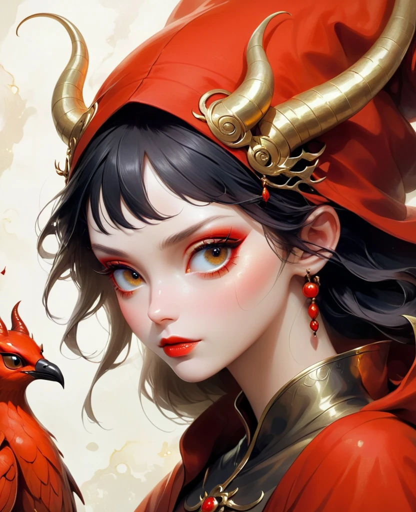 Photorealistic digital painting, modern girl sexy Naruto + branca de neve Devil fênix negra with the image of a black Monk in a pleasing mix, taking inspiration from detailed forms of, dressed in an illustrious red black gold jaketa Hood red enhanced by the artistic styling of artists like Jose Royo, Boris Vallejo, Julie Bell, Carne Griffiths, Benedick Bana, Brian Froud, Eric Wallis, combines the mystique of fantasy