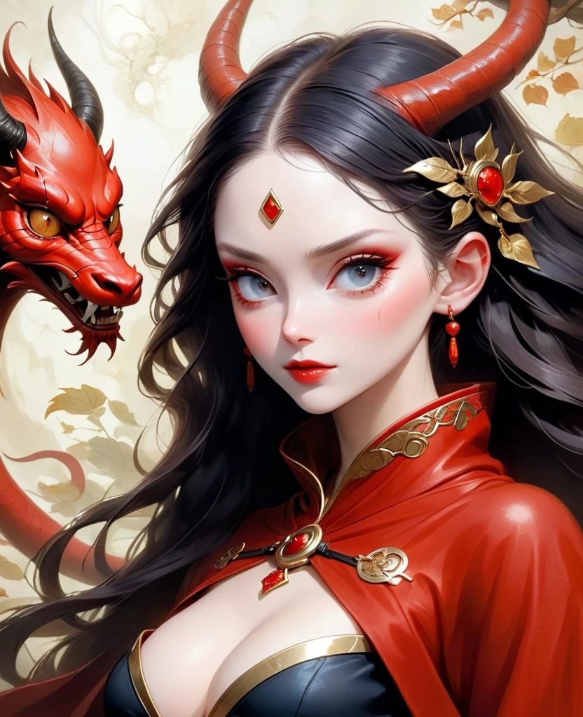 Photorealistic digital painting, modern girl sexy Naruto + branca de neve Devil fênix negra with the image of a black Monk in a pleasing mix, taking inspiration from detailed forms of, dressed in an illustrious red black gold jaketa Hood red enhanced by the artistic styling of artists like Jose Royo, Boris Vallejo, Julie Bell, Carne Griffiths, Benedick Bana, Brian Froud, Eric Wallis, combines the mystique of fantasy