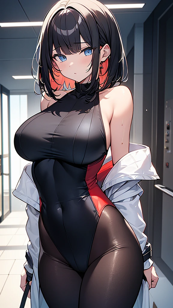 (Highly detailed CG Unity 32k wallpaper,masterpiece, Biological, whole body),(Best lighting, Best Shadow, Very delicate and beautiful),(One girl),blue eyes, Big Breasts, Black Hair,Bobcut,Red and black and White off-the-shoulder revealing high-cut SF bodysuit,One-piece swimsuit-style clothing,Clothes that emphasize the chest,Neck Seal,High-tech sci-fi corridor, Dynamic pose, Detailed Machinery, Sleek design.,My crotch is wet, {{An extraterrestrial lifeform preys on girls and takes their place、Her breasts are bigger than a real girl&#39;s、Suitable for the mother}}, Unknown sensation, Feels good, Vigorous movement, more, instinct, Female fall, Bouncing chest, loose, loose, Next to a real girl skeleton, NSFW