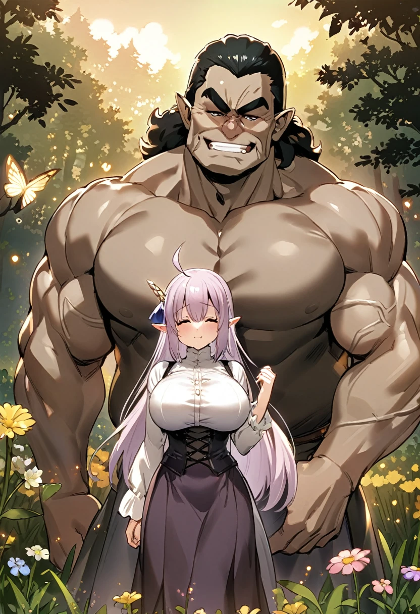 Light novel cover style, detailed. best quality, art, detailed face, in the style of Lora Marvin. A muscular warrior with a pointed chin stands next to a plump elf girl with large breasts, next to the girl is a wrinkled old wizard.
(the background is a forest, bright butterflies the size of dinner plates fluttered, a majestic unicorn pranced through a field of wildflowers)