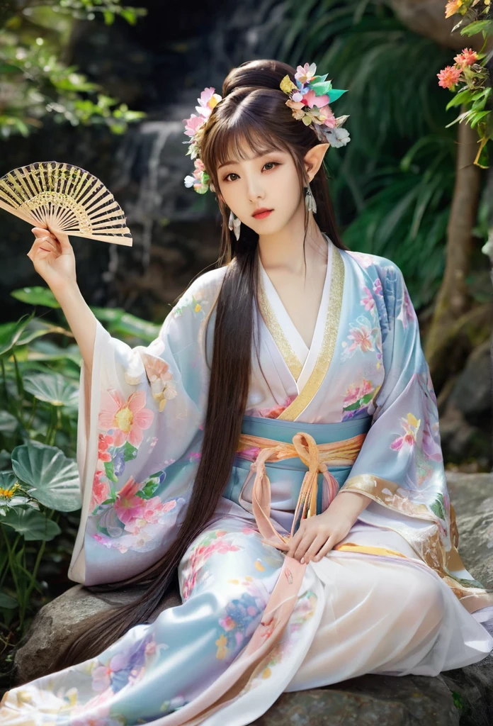 beautiful Japanese elf, (elf ears)perfect and angelic face, long hair, (decorated with flowers) fringe, full body, holding a fan, wearing a beautiful shot kimono, she's sitting on stone surrounded by sparkling flowers (high quality),(refined details)