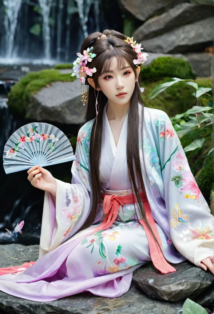 beautiful Japanese elf, (elf ears)perfect and angelic face, long hair, (decorated with flowers) fringe, full body, holding a fan, wearing a beautiful shot kimono, she's sitting on stone surrounded by sparkling flowers (high quality),(refined details)