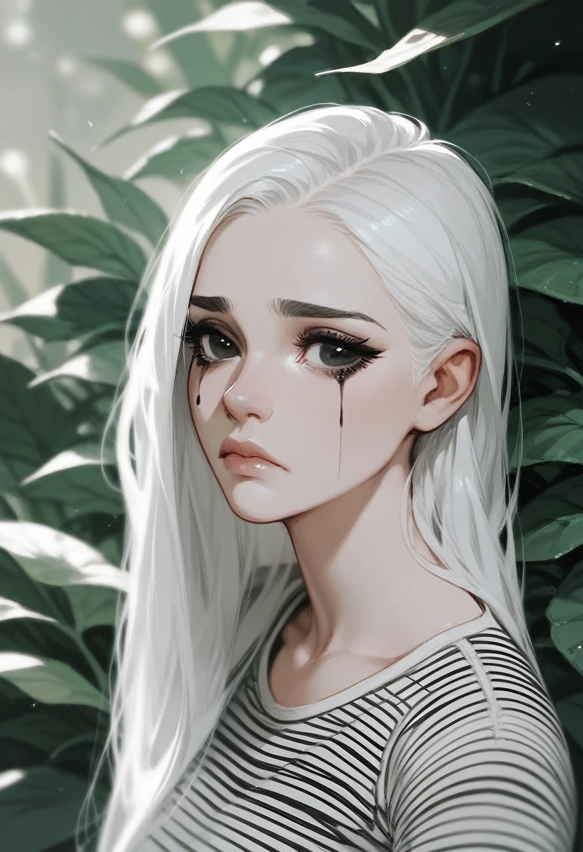 White hair, black eyes, black mascara at side, black and white stripes shirt, black plants,lips, nose, standing,sad,