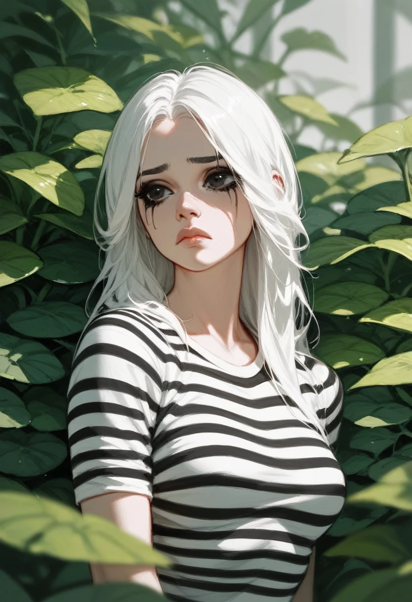 White hair, black eyes, black mascara at side, black and white stripes shirt, black plants,lips, nose, standing,sad,