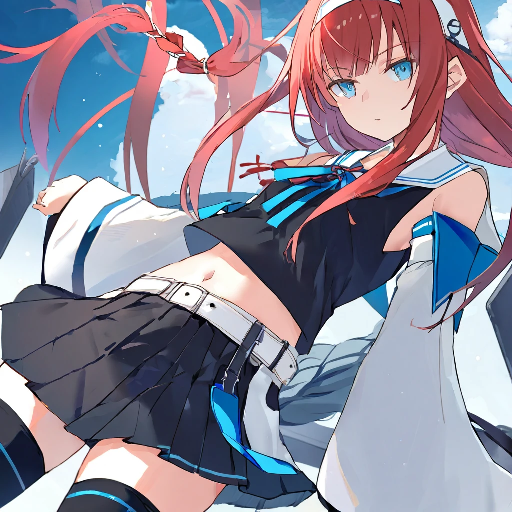 1girl, kawakaze from kantai collection, red hair, long hair, bangs, braids, red hair ribbons, blue eyes, white hairband, black thigh highs, black pleated miniskirt,white belt, black shirt, white colar, blue neck ribbon, detached sleeves, open navel, high quality, high resolution, best quality