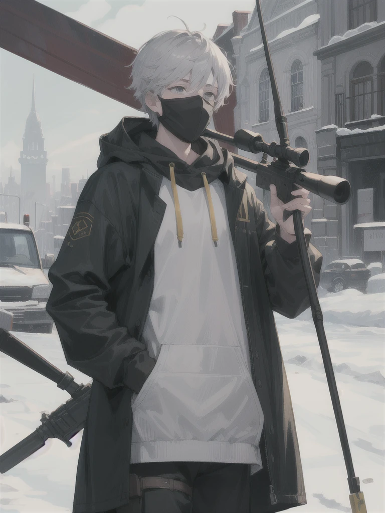 ((best quality)), ((masterpiece)), (detailed), (man), (boy), ((sniper)), ash gray hair, lonely, hooded, ((mask up)), lonley, ((chic))