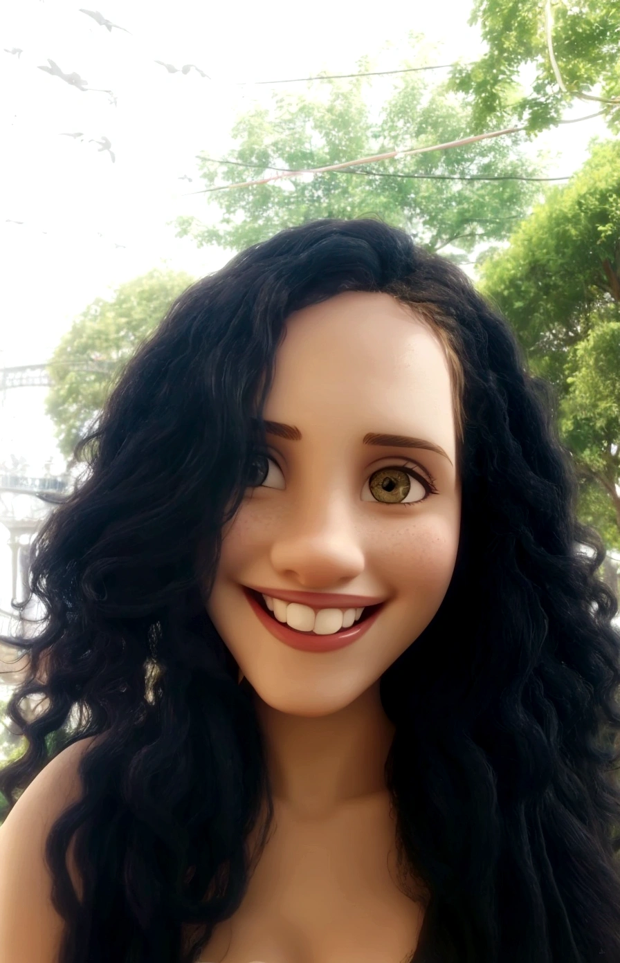 light brunette woman, long curly hair, smiling, with a park in the background