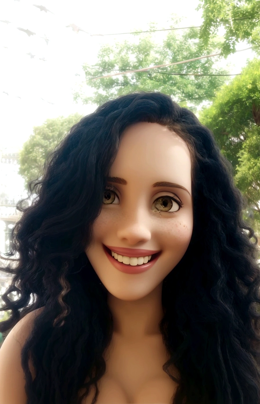 light brunette woman, long curly hair, smiling, with a park in the background