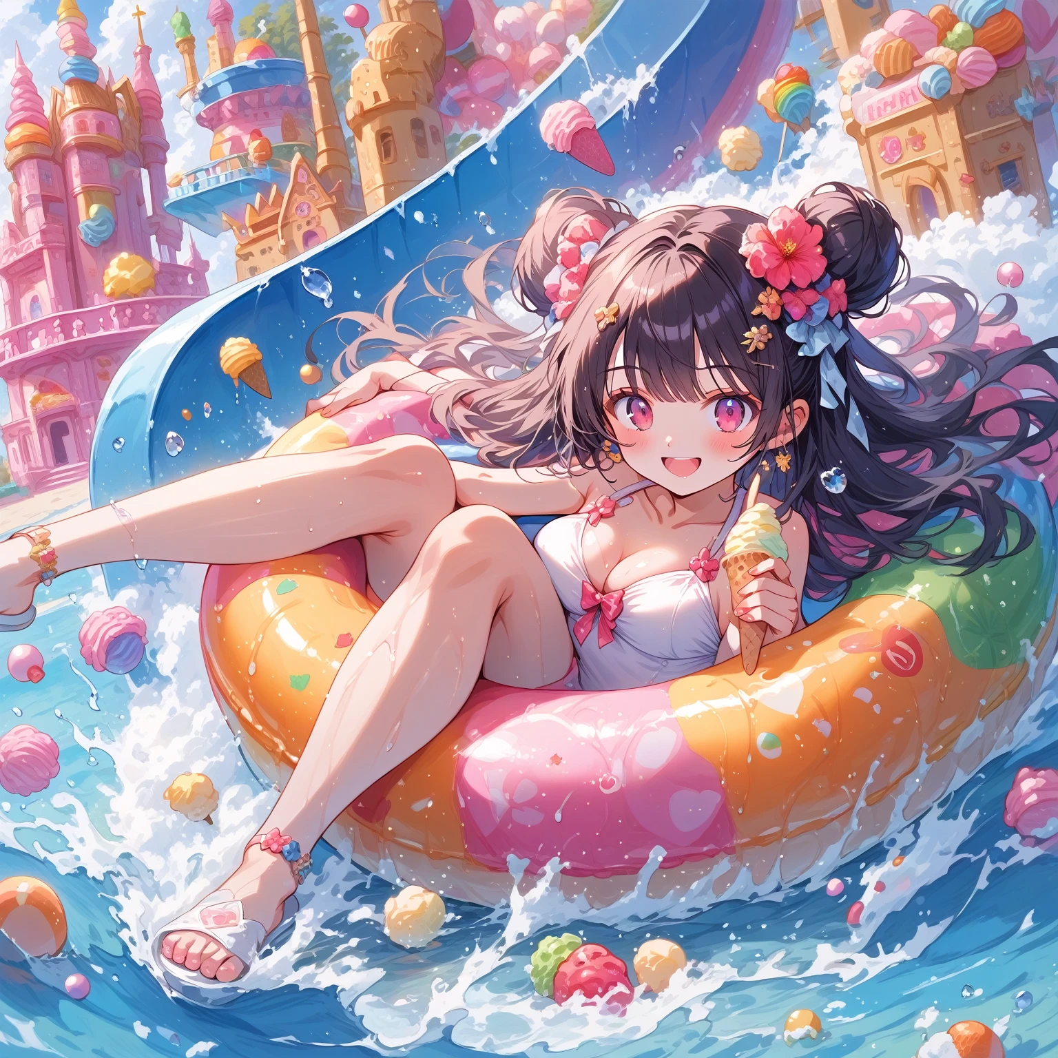 score_9, score_8_up, score_7_up, source_anime,masterpiece, best quality, high resolution, extremely detailed CG, absurdres, highres, A dreamy water playground, all the buildings are made of ice cream, the ice cream castle is colorful, and the girl in swimsuit is sliding down the water slide, very happy, neondskdrmsxl,babycreamxl