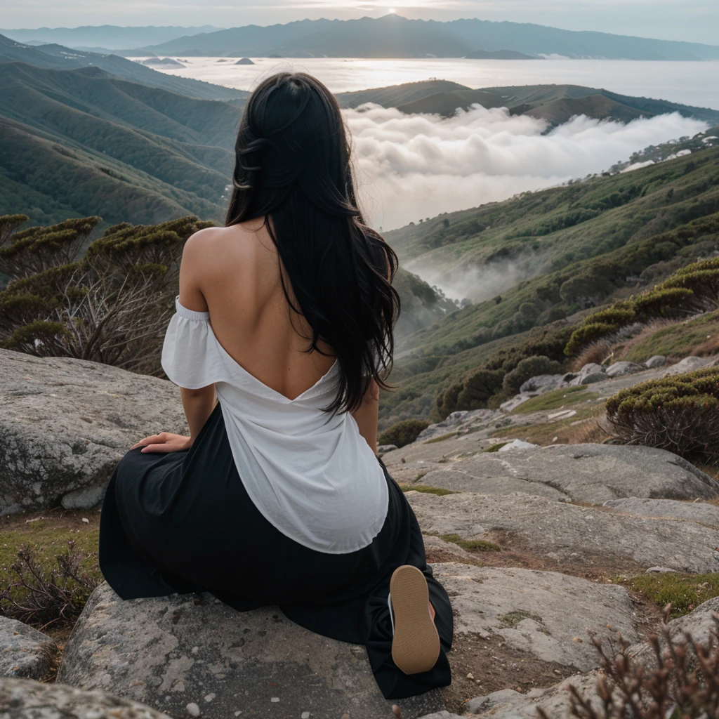 a girl with messy long black hair facing his back wearing a black dress on top of the mountain overlooking ocean at foggy morning