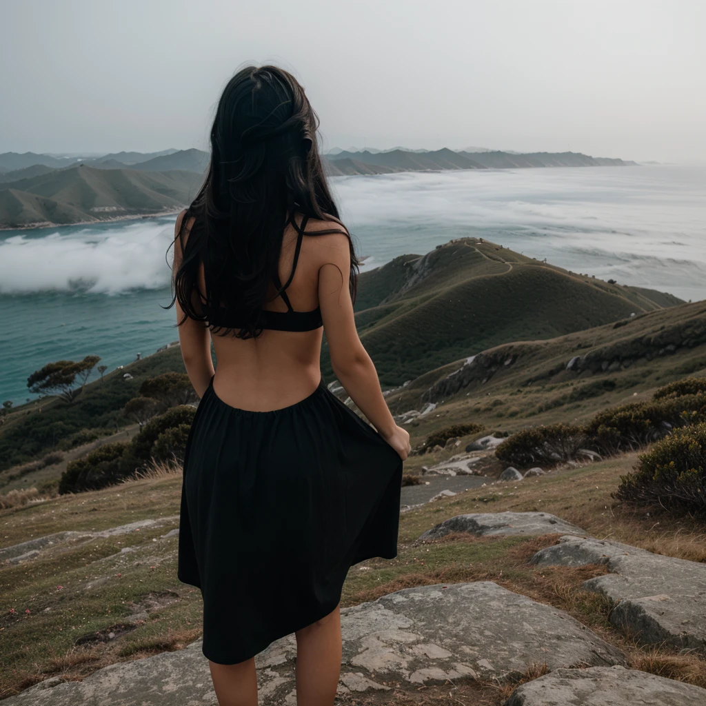 a girl with messy long black hair facing his back wearing a black dress on top of the mountain overlooking ocean at foggy morning