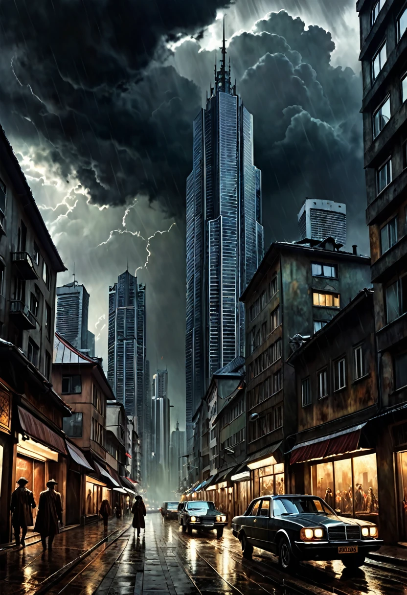 Panoramic view of a city with skyscrapers, with a stormy cloudy sky, dark fantasy style from the 70s, with intense German-style romantic painting. Shadows and spectacular lighting.