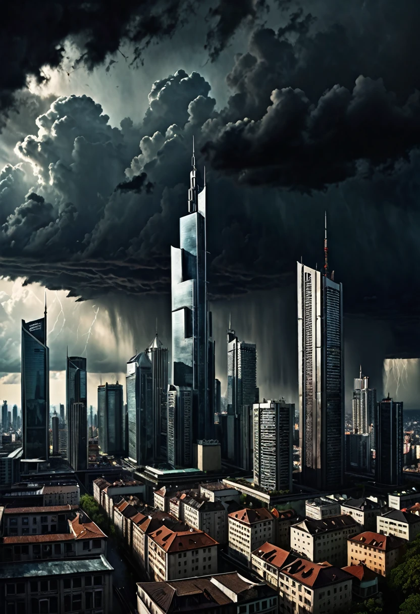 Panoramic view of a city with skyscrapers, with a stormy cloudy sky, dark fantasy style from the 70s, with intense German-style romantic painting. Shadows and spectacular lighting.
