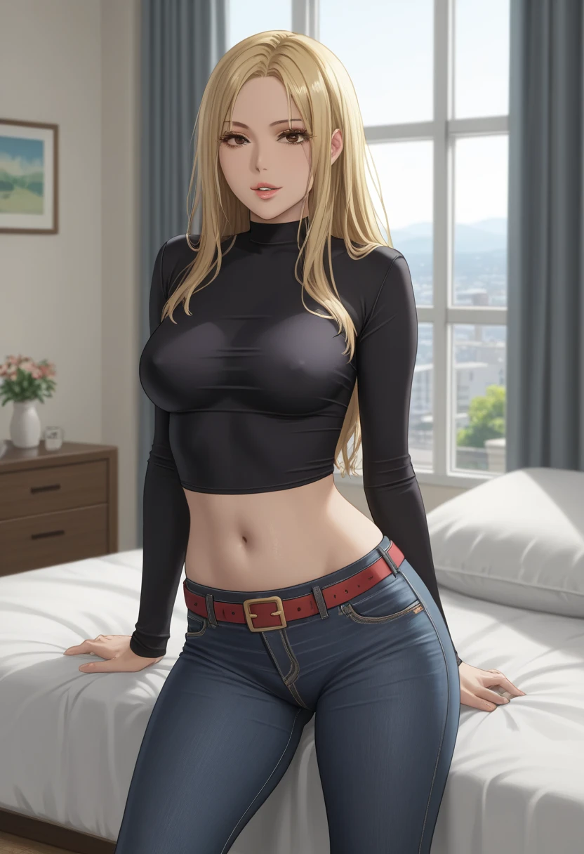score_9_up, score_8_up, score_7_up, 1girl, solo, mature female,((Tsukumo Yuki)), ((blonde long hair)), brown eyes, pink lips, parted lips, fit slim body,(((perfect erected medium breast))) (((black tight top, tight jeans, belt))), (((highly detailed bedroom, window, bed))), perfect fit model body, (((seductive pose, lewd look)))