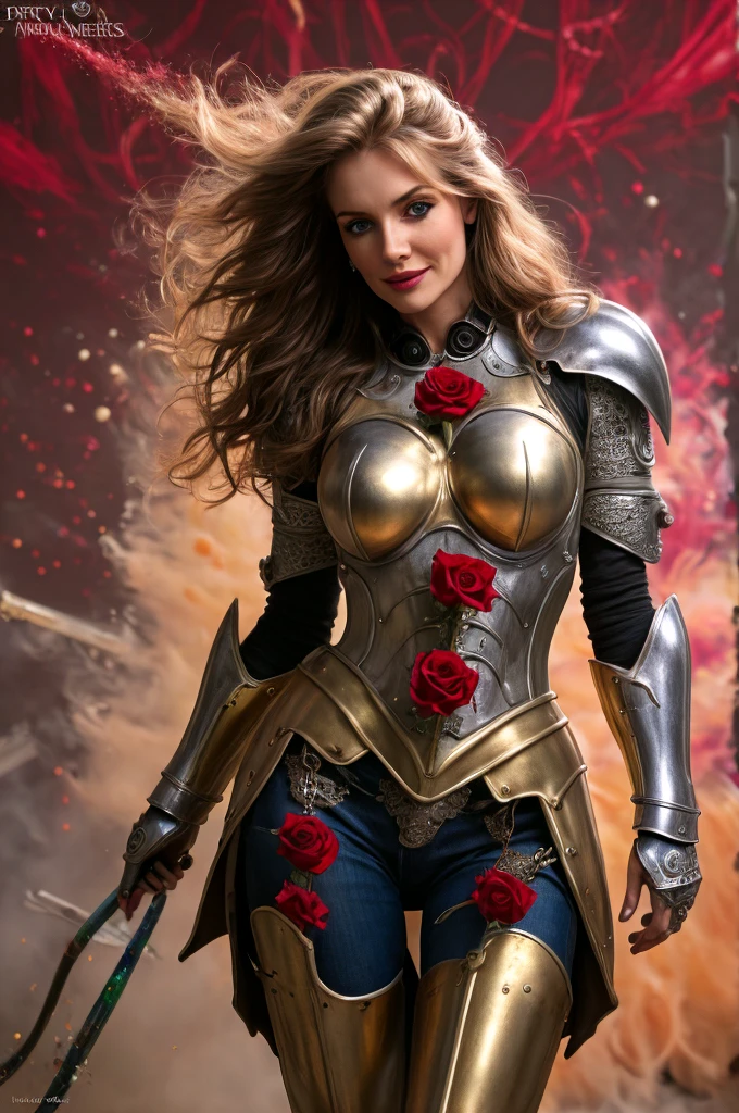 Pretty Woman, 25 ans, dans un mode fantaisiste, Dream, bionde, paint explosion in the background, HD, masterclasse, masterpiece, gold and silver armor, Style Steampunk, rose hair