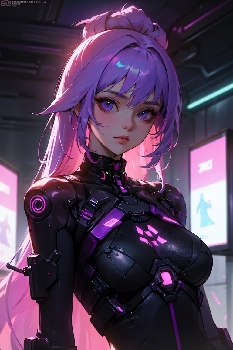 neon light details, intrincate, futuristic,beautiful girl,purple hair, best quality, high resolution, unity 8k wallpaper, beautiful cyberpunk beckground,small breast,fully covered,long hair,cool girl,undercover attire,perfect eyes