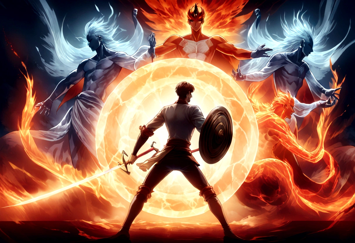 a close up of a person standing in front of a fire, fogo laranja/dualidade de gelo azul!, envolto em chamas rodopiantes, chamas ao redor do corpo, sacred flame spell, Envolvido pelas chamas, fogo e chama, queimando, Breathtaking, fire behind him, seu corpo feito de chamas, aparece como a deusa do fogo, saindo das chamas, perfect soulmates