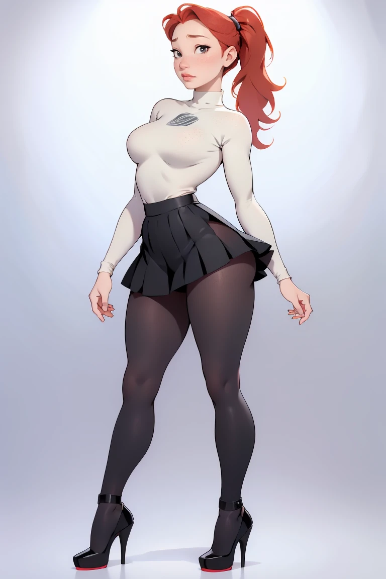 photo of a ginger  girl, freckled face, face freckles, rosy, contemptuous look, 1 girl, solo, full body view, ponytail haircut,pale skin, big round , stand sexy pose, beautiful, ((pleated skirt with black tights under skirt)), ((oversized black sweater)), black high heel shoes