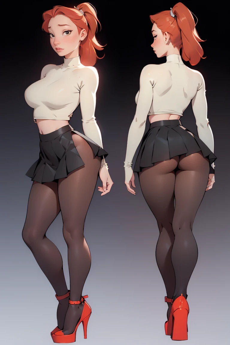 photo of a ginger girl, freckled face, face freckles, rosy, contemptuous look, 1 girl, solo, full body view, ponytail haircut,pale skin, big round , stand sexy pose, beautiful, ((pleated skirt with black tights under skirt)), ((oversized black sweater)), black high heel shoes