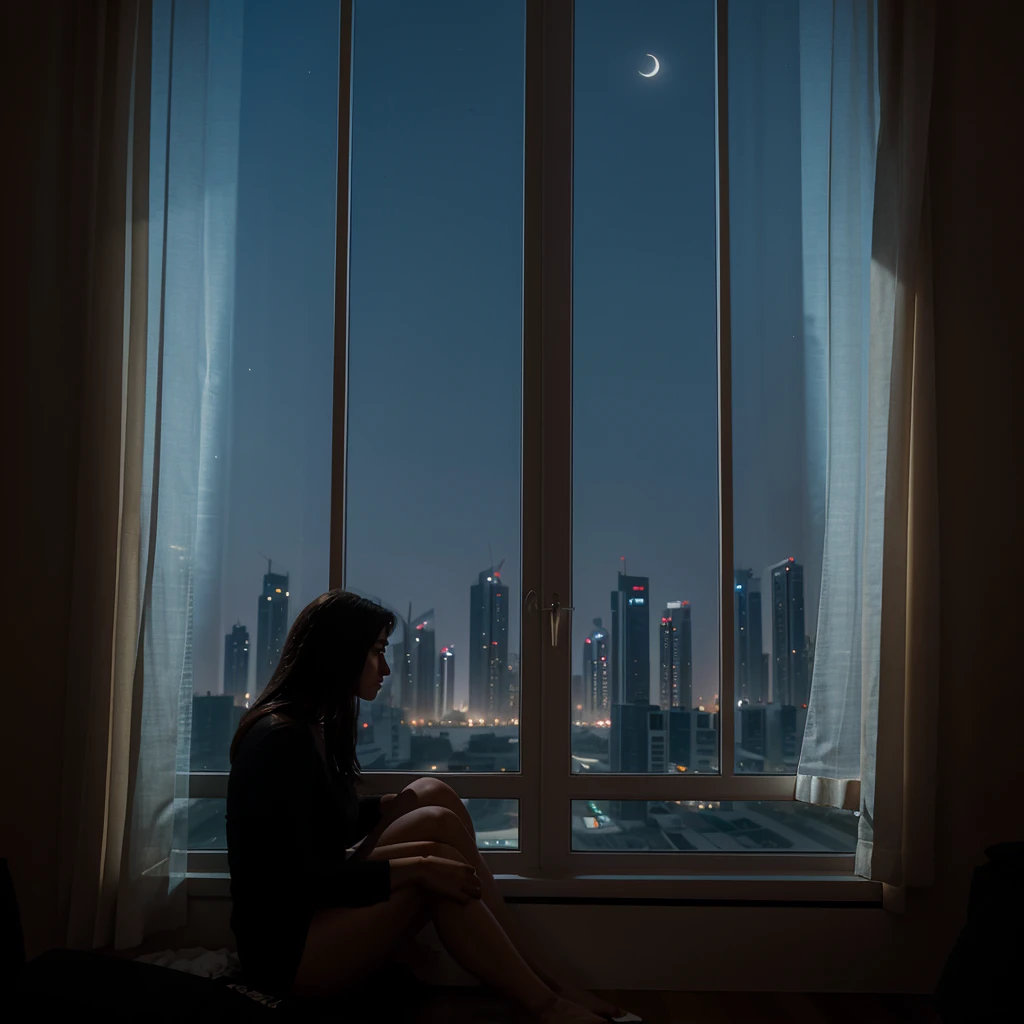 a woman sitting in window of an appartment located in Dubai on a very dark night that has no moon, waits for her lover to return sadly