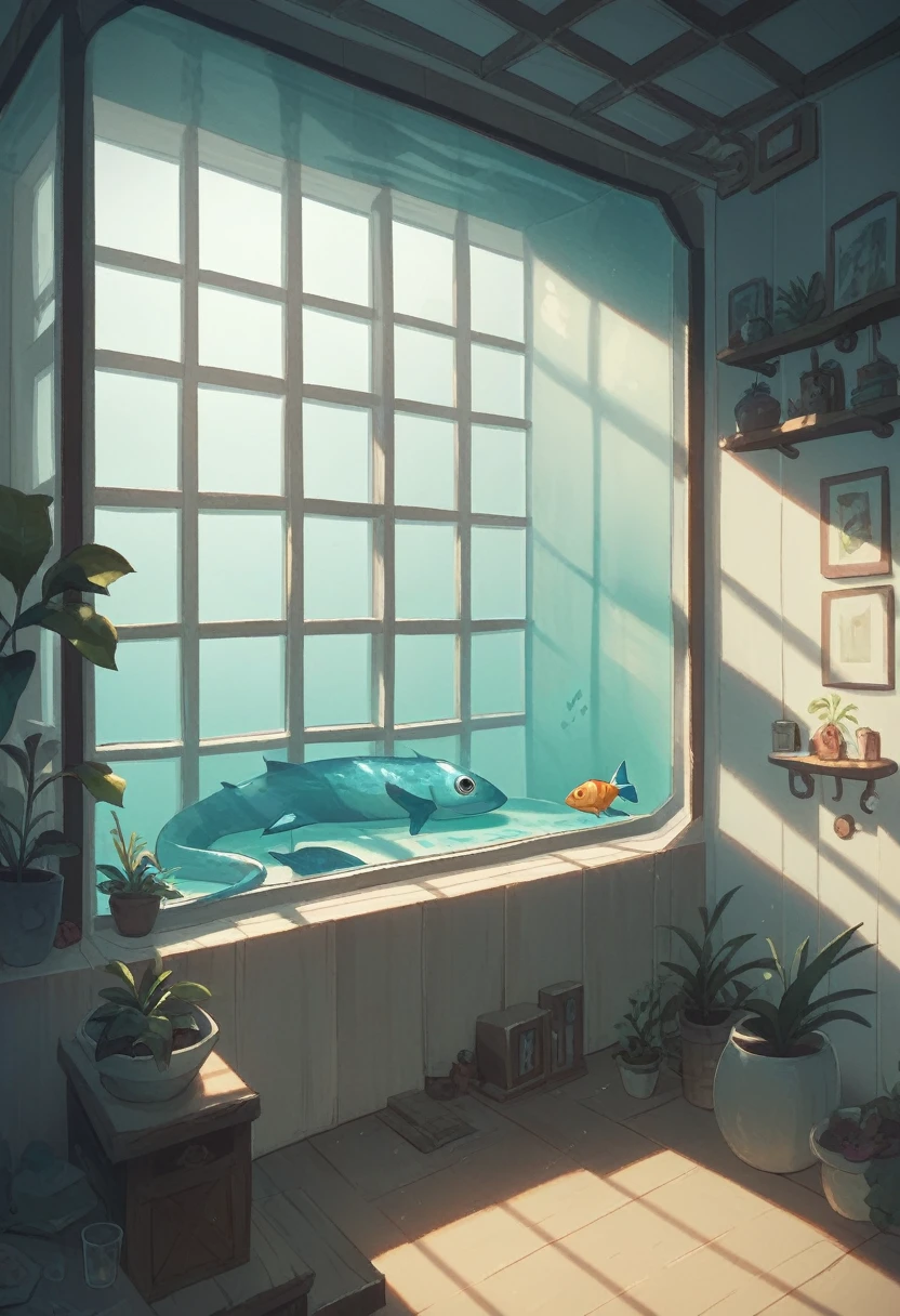 aquarium, room, simple room concept, white transparent walls, pretty room, walls mad of glass, water, caustics, light shining through window,