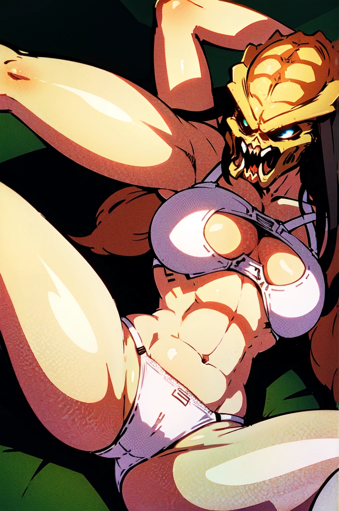 (masterpiece, 4K:1.15) BREAK ((muscler predator with white underpants and bra, breast, perfectly detailed anatomy)):1.2, solo, 1girl BREAK white panties, white bra, white bra straps
BREAK frontal view, arms behind head, spreading legs, white backgrounds