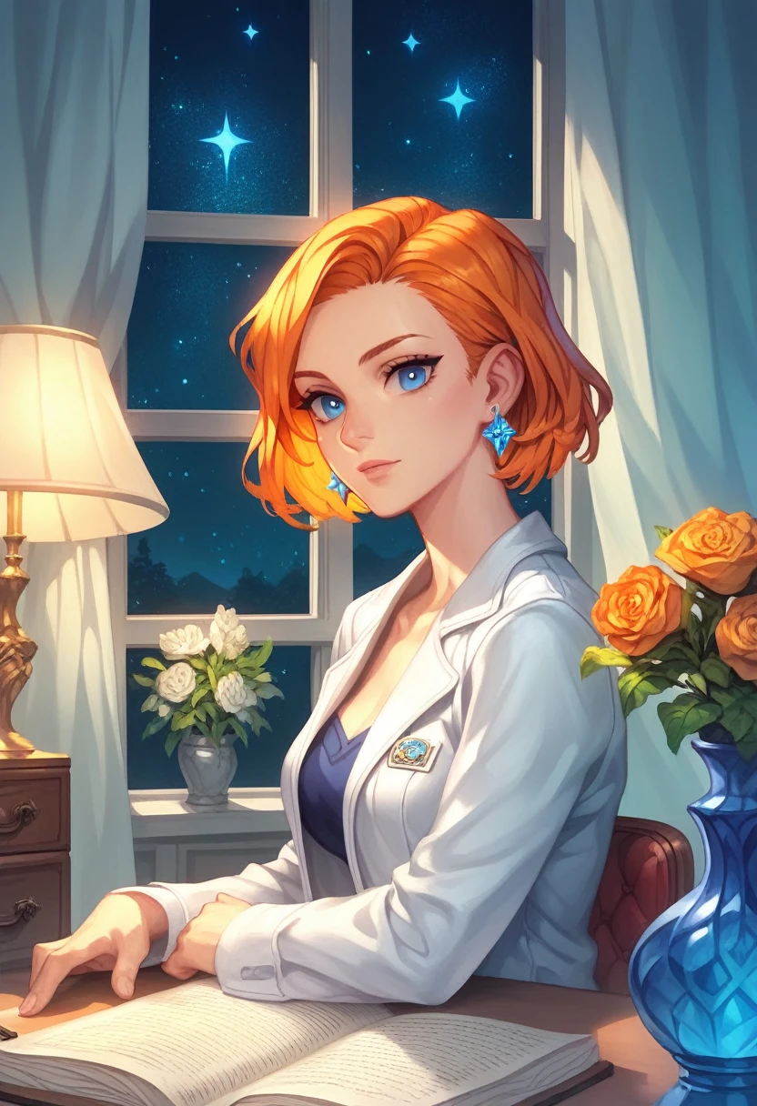 best quality, (masterpiece:1.2), illustration, absurdres, (1girl, solo), (beautiful detailed girl), ((upper body, portrait)),, Kaela MacMillan, short hair, orange hair, blue eyes, medium breasts, blue crystal earrings, white jacket, , cool, calm, looking at viewer,, inside elegant bedroom, night, window, curtain, starry sky, lamp, bookcase, nightstand, vase, desk,